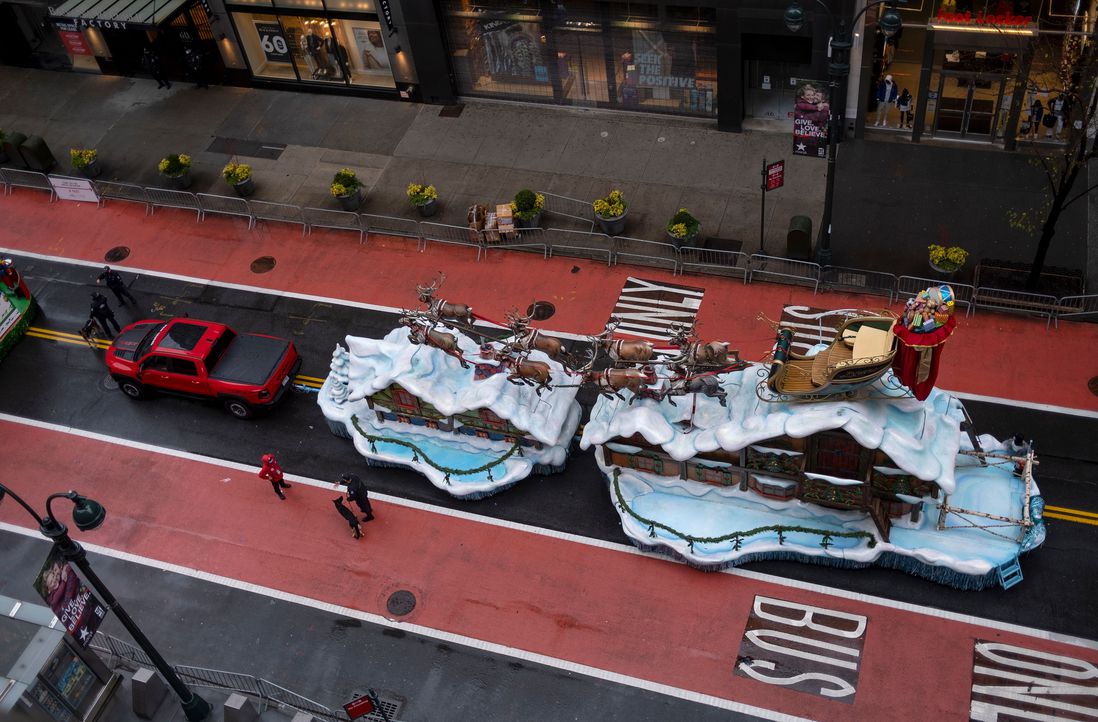An aerial view of the empty Santa float